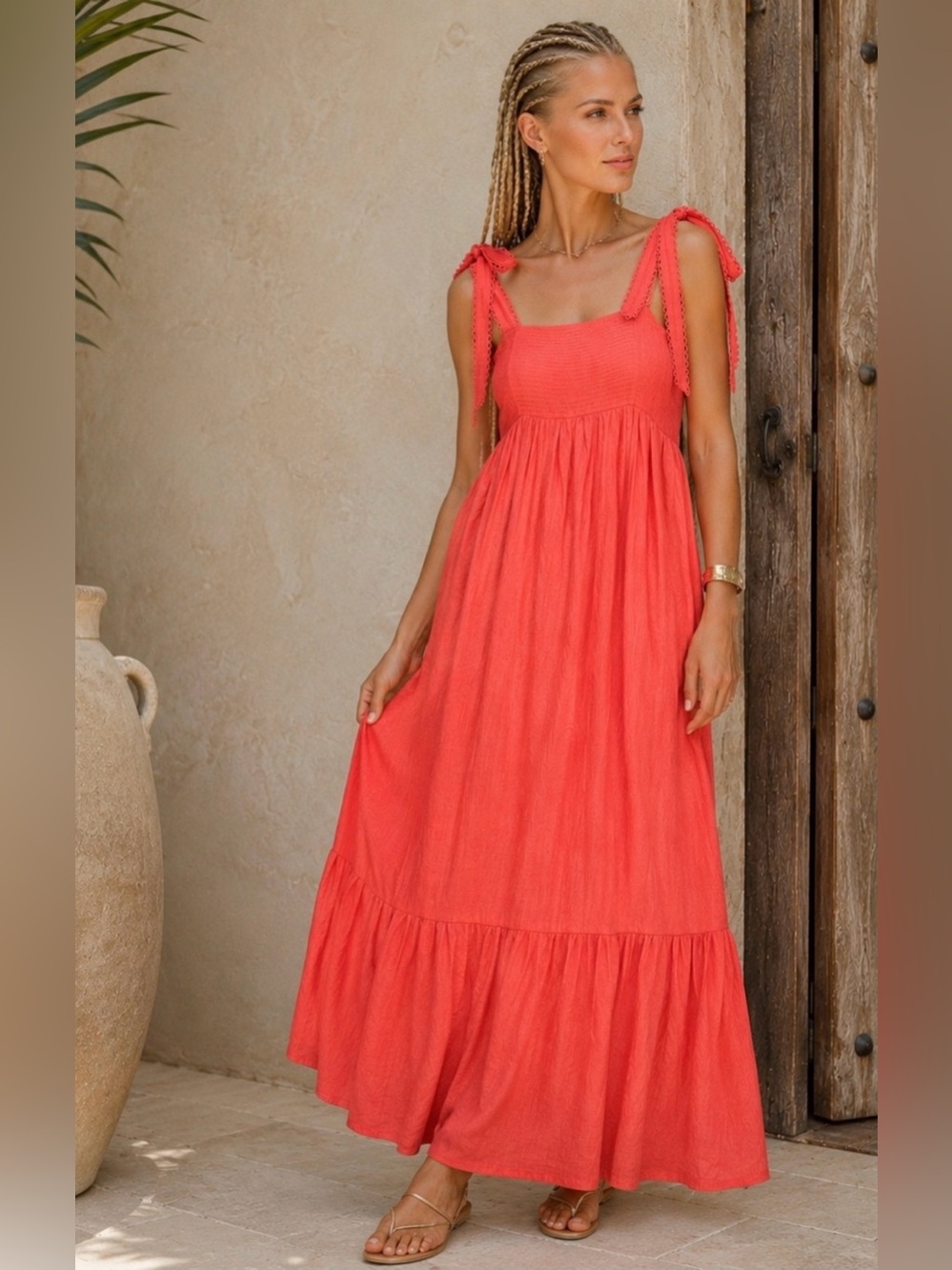MINE Coral Bow Shoulder Maxi Vacation Dress M Boho Tiered Smocked Back Rayon